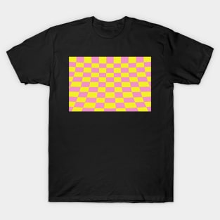 Warped perspective coloured checker board effect grid yellow and pink T-Shirt